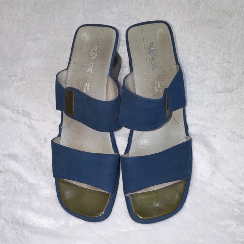 Rohde Leather Slide Sandals Blue Olive Block Heel‎ Women US9 AU7.5